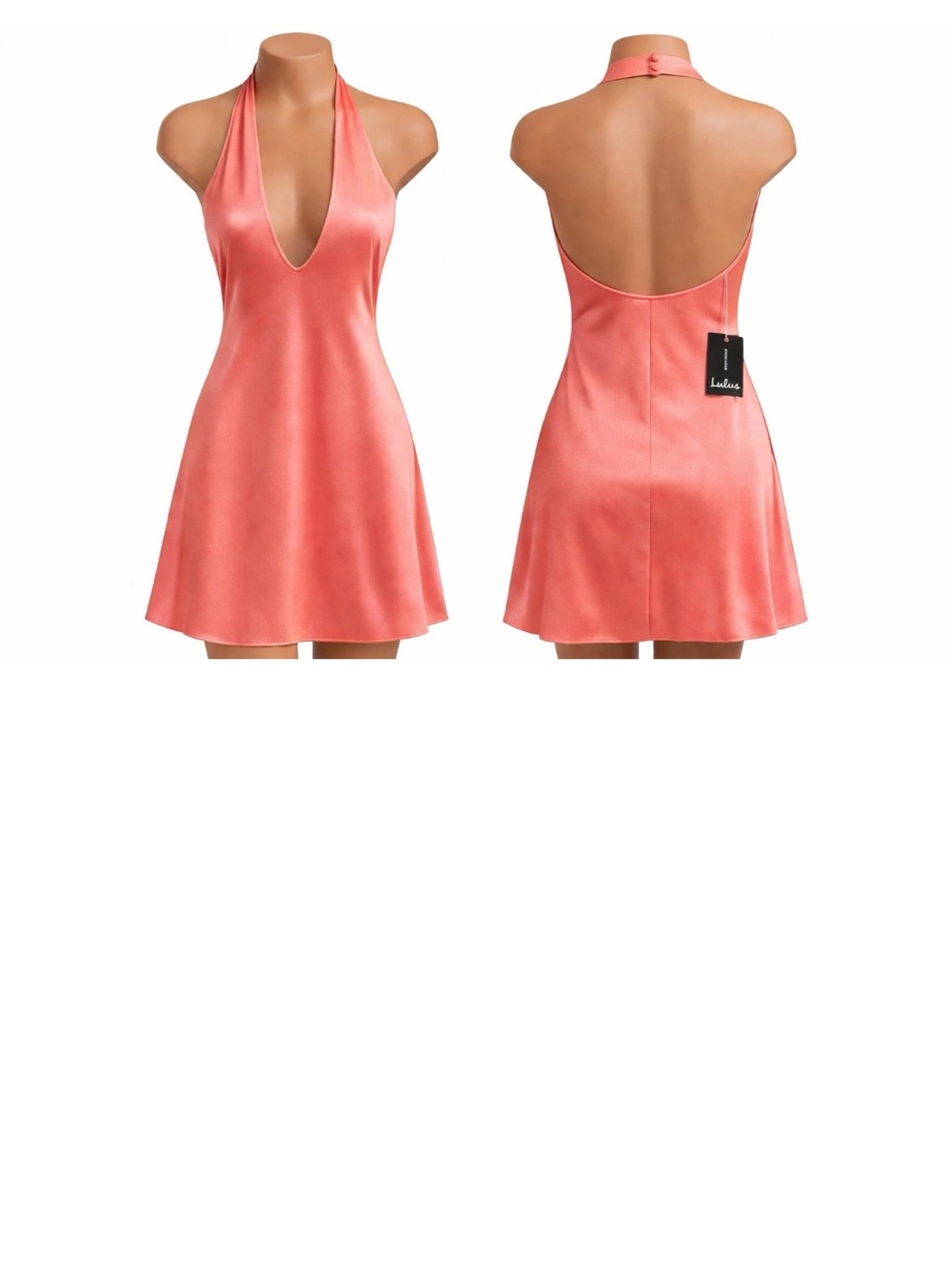 Lulu's Coral Pink Satin Halter Backless Mini Dress